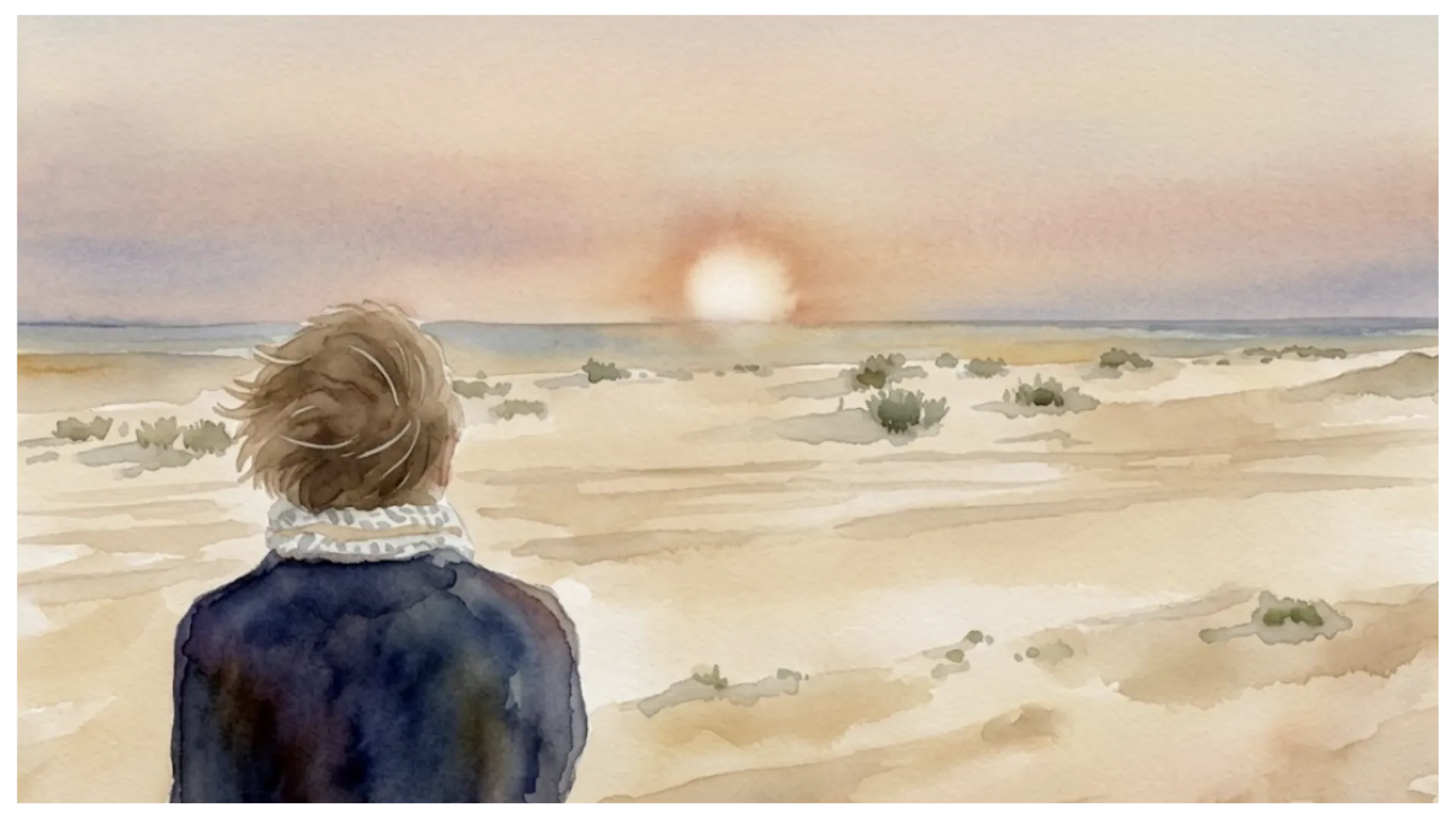 Aquarelle : femme regardant la mer au coucher du soleil dans le désert de Dakhla